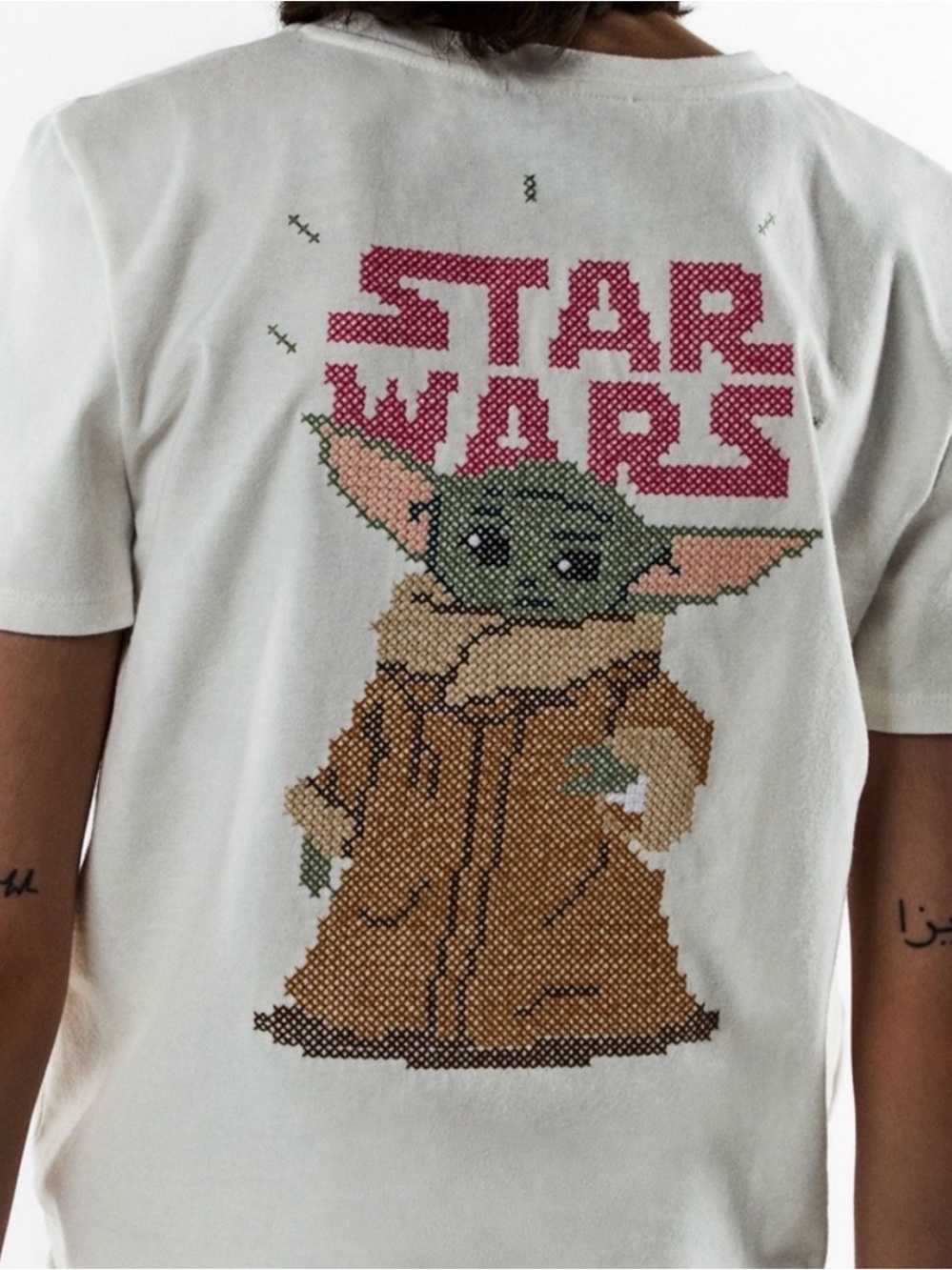 Zara Star Wars Tee with Pink Logo & Green Grogu Cross-Stitch Medium